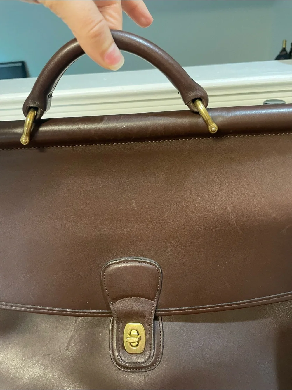 Coach Dark Brown Leather Messenger Satchel with Gold Hardware
